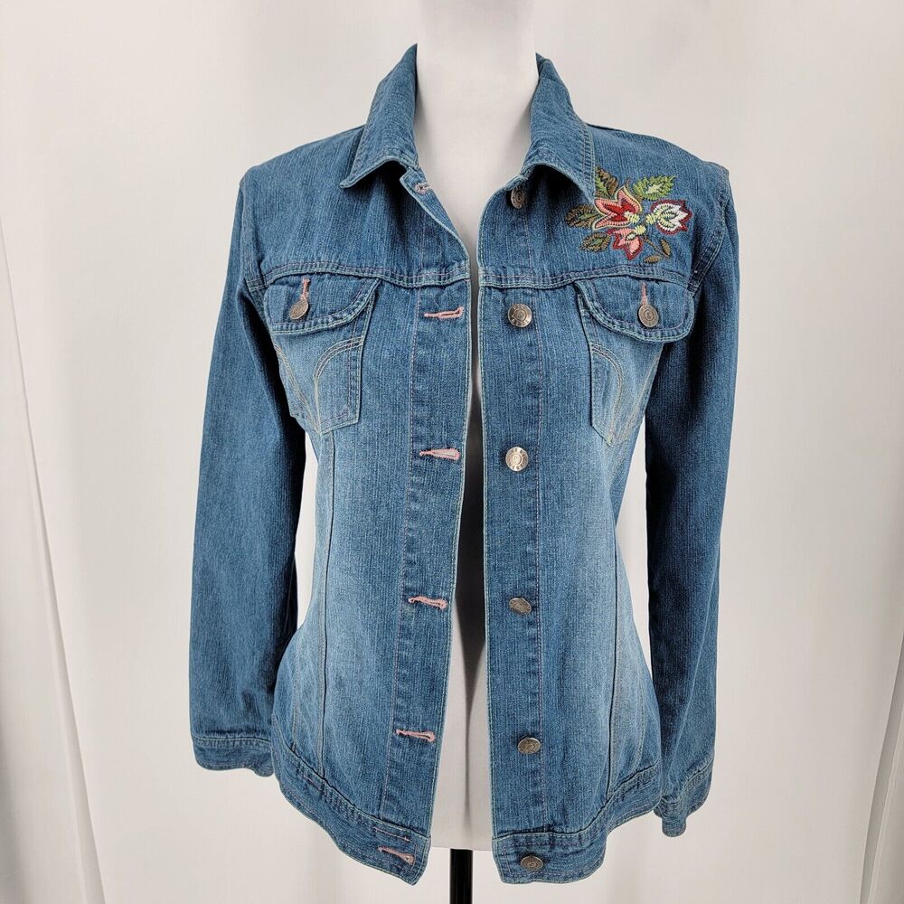 Here & There Denim Jacket Womens Small Embroidered Floral Button Up